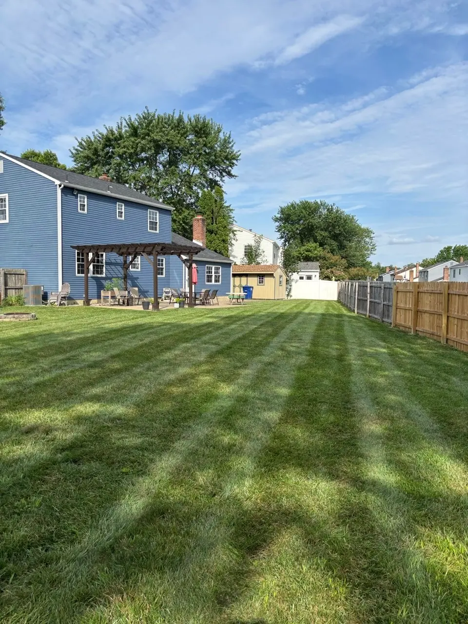 Freshly striped backyard lawn