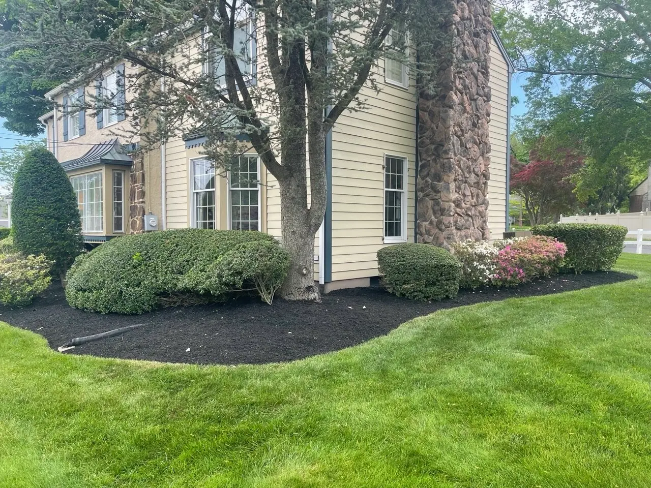 Fresh mulch bed with blooming flowers